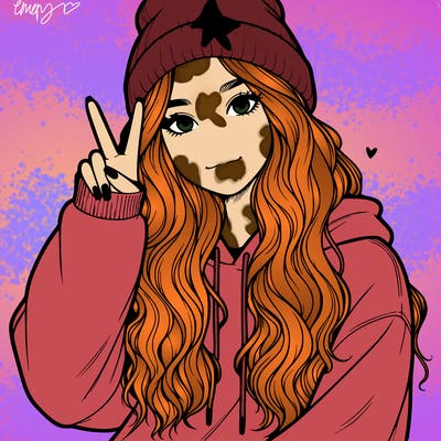 a teenage girl in a beanie, oversized sweatshirt, wavy long hair, and is showing a ✌️