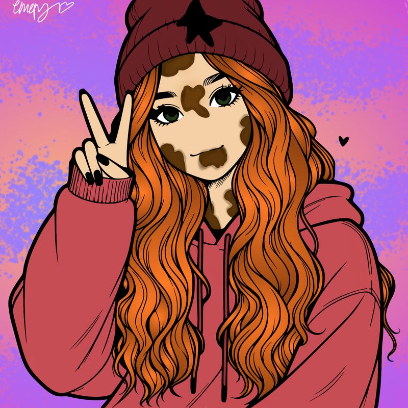 a teenage girl in a beanie, oversized sweatshirt, wavy long hair, and is showing a ✌️