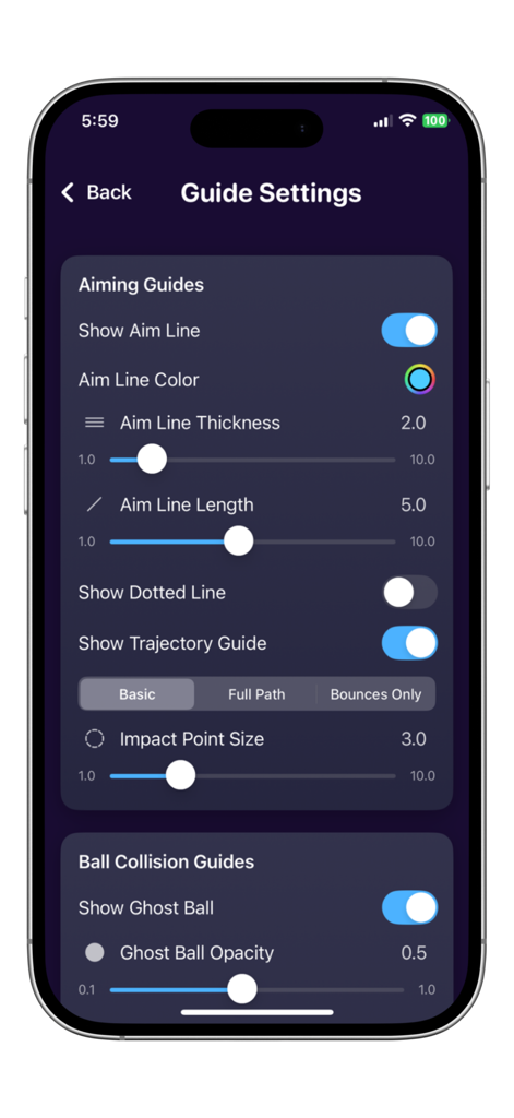 Aim Master 8 Ball Pool - Aim Master 8 Ball Pool app guide settings screen showing customization options for aim lines and ghost ball visualization.