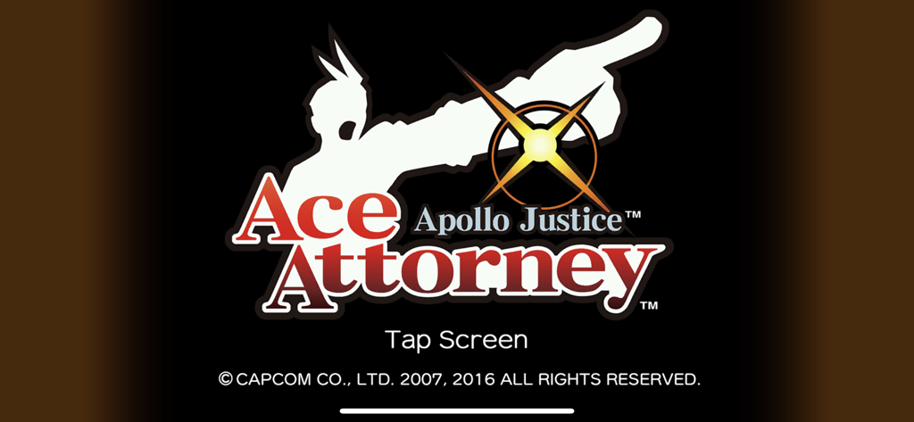 Title screen of the Apollo Justice Ace Attorney mobile game showing the logo and character silhouette.