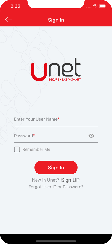 Pantalla de inicio de sesión de la aplicación de banca móvil UCB Unet