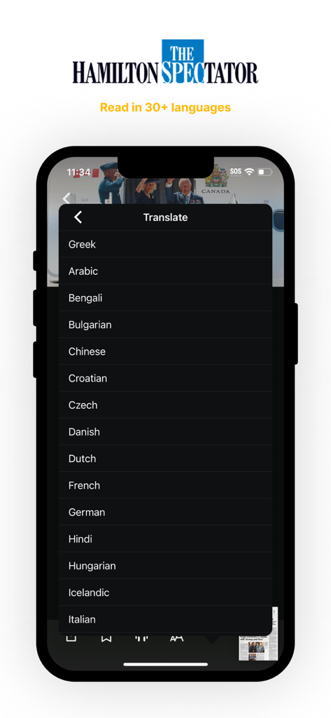 The Hamilton Spectator ePaper - The Hamilton Spectator ePaper app displaying a list of available translation languages