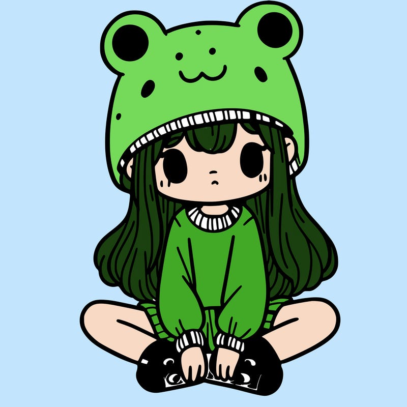 a girl wearing a frog hat and some frog socks