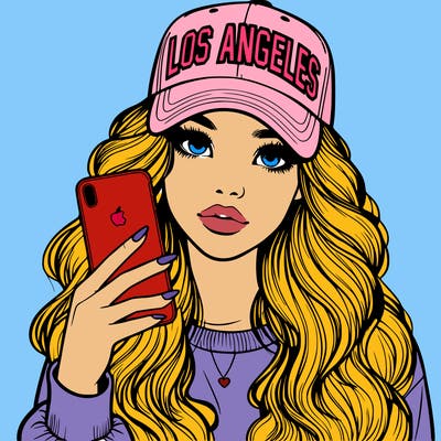 realistic beautiful girl wearing los ángeles cap holding an iphone