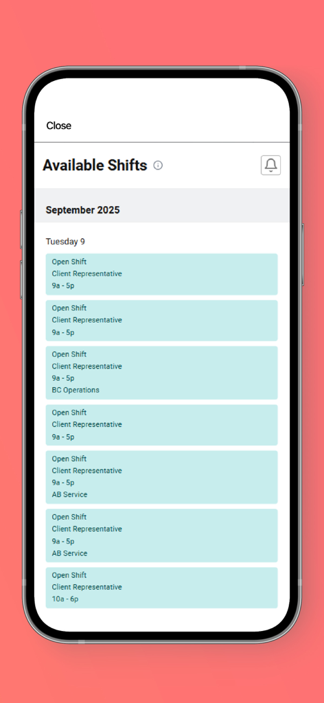 Payworks Self Service - Uma lista de turnos abertos disponíveis para um representante de cliente dentro do aplicativo móvel Payworks Self Service.