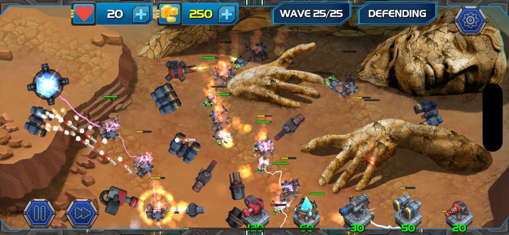 Rush Zone: Tower Defense TD - Gameplay screenshot of Rush Zone Tower Defense showing various turrets attacking waves of robots in a desert landscape with ancient statues.