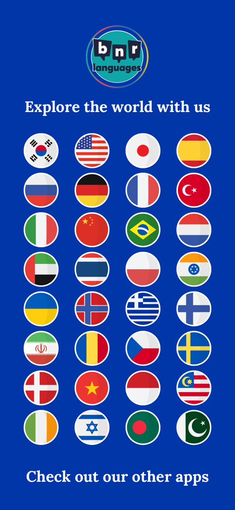 Grid of world flags representing different language learning apps by BNR Languages