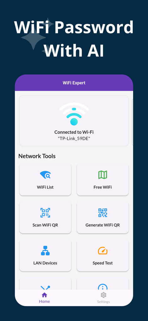 Wifi Password Automatic - Main interface of the Wifi Password Automatic app displaying network tools like speed test and QR code generator.