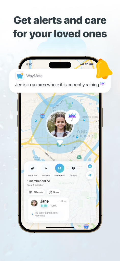 Track Family, Friends: WayMate - WayMate mobile app showing family location tracking on a map with a rain notification alert