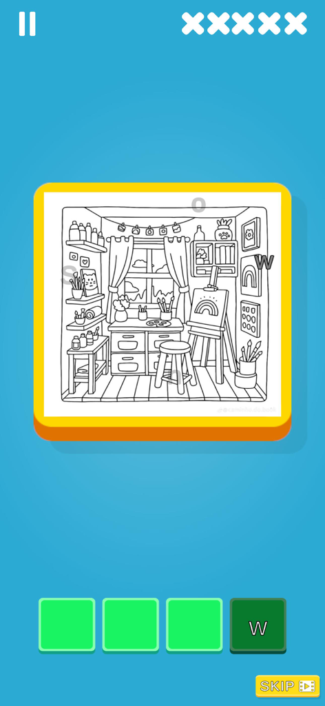 Un dibujo lineal en blanco y negro de un estudio de artista en un juego de objetos ocultos donde los jugadores buscan letras camufladas.