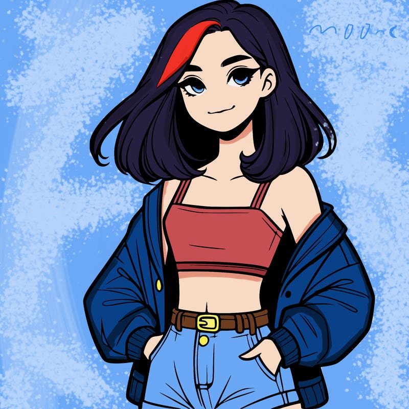 a realistic girl with a crop top and short shorts in an open jacket