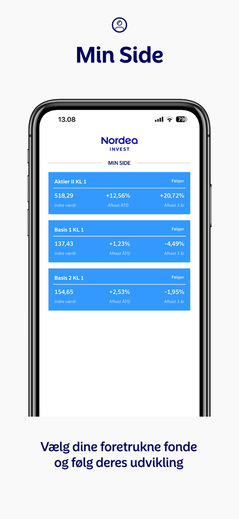 Smartphone screen showing the MyFunds app dashboard with tracking for various investment funds