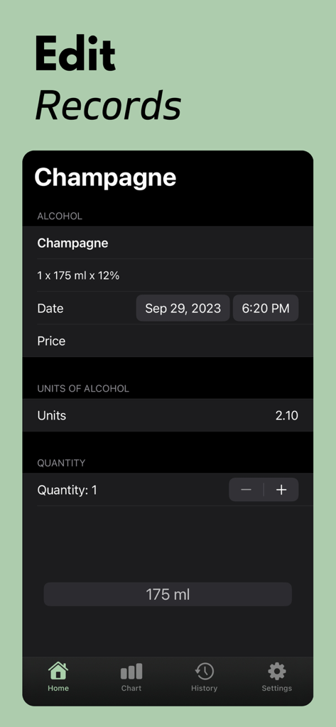 Alcohol Tracker Plus App Bildschirm zum Bearbeiten eines Champagner-Getränkeeintrags, der Alkohol-Einheiten und ABV anzeigt