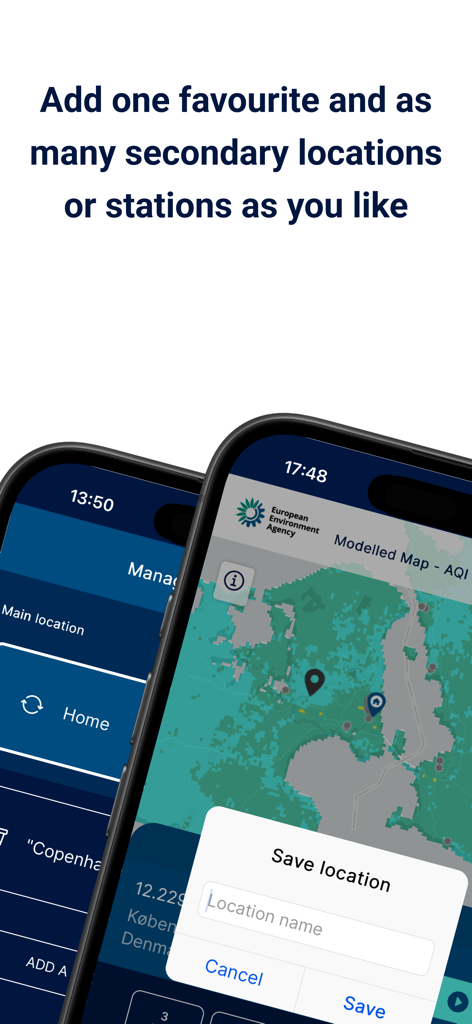 Interface of the European Air Quality Index app showing how to add and manage multiple locations on a map.