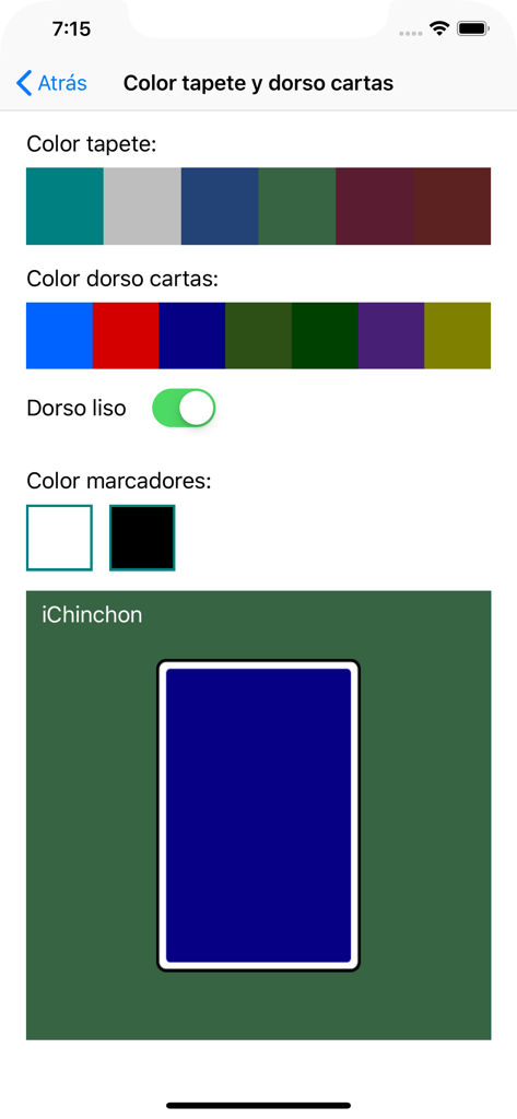 iChinchon - Customization menu for table and card colors in iChinchon card game