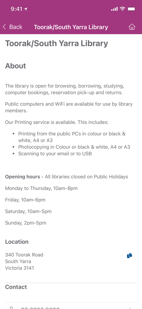 Details of the Toorak and South Yarra Library branch including opening hours and services.