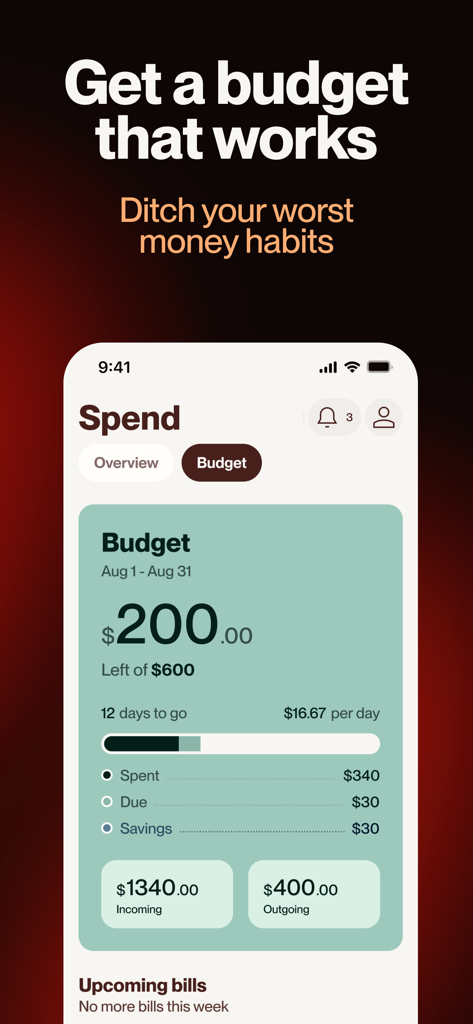 Interface do aplicativo móvel Cleo AI exibindo uma visão geral do orçamento mensal com valores gastos e restantes.
