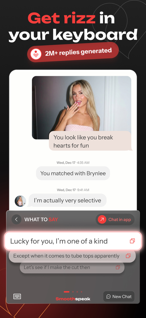 Smoothspeak AI Rizz Keyboard interface showing suggested dating app replies for a conversation.