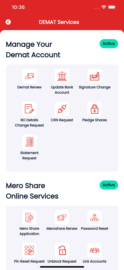 NIC ASIA Capital - NIC ASIA Capital mobile app interface showing Demat and Mero Share online account management services