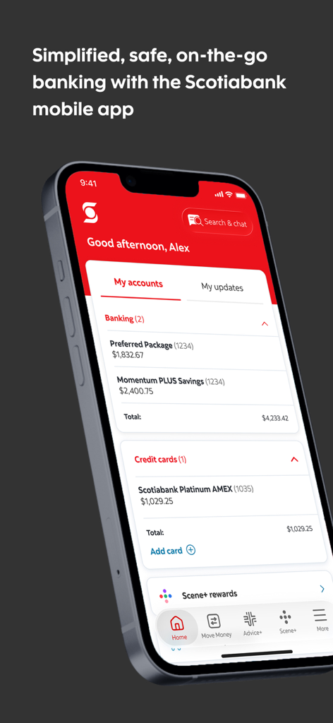Scotiabank - Interface de l'application mobile Scotiabank affichant les soldes des comptes bancaires personnels et des cartes de crédit sur un iPhone