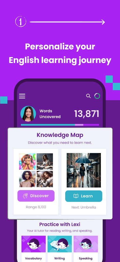 WordUp app interface for personalized English vocabulary learning showing the Knowledge Map feature