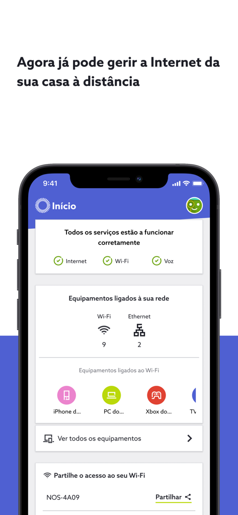 NOS Net app home screen showing internet status and connected devices on an iPhone