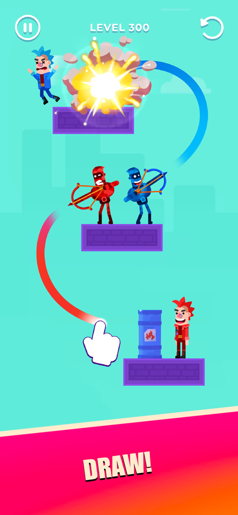 Drawmaster - Drawmaster의 게임 플레이 스크린샷으로, 플레이어가 퍼즐 레벨을 풀기 위해 화살 궤적을 그리고 있는 것을 보여줍니다