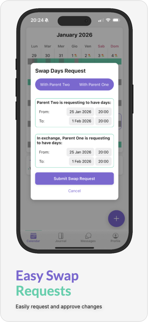 CoPals - Pantalla de la aplicación CoPals que muestra la función de Solicitud de Días de Intercambio para que los copadres gestionen cambios en el horario.