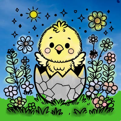 a little chick hatching from an easter egg in the middle of a flower field.