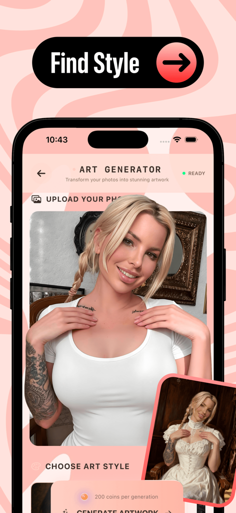 Yaci - Yaci mobile app interface showing an AI transformation of a modern photo into a Victorian style portrait