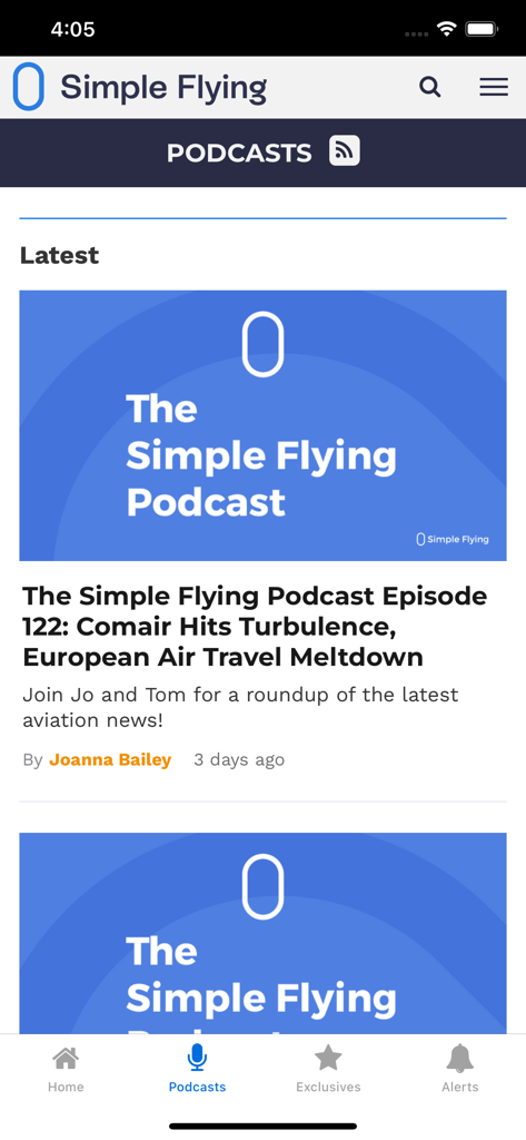 L'app Simple Flying che mostra un elenco di episodi di podcast di notizie di aviazione.