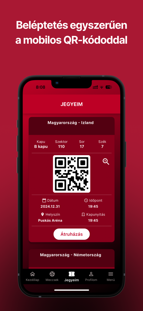 A mobile screen showing a digital soccer ticket with a QR code for entry to a Hungarian national team match.