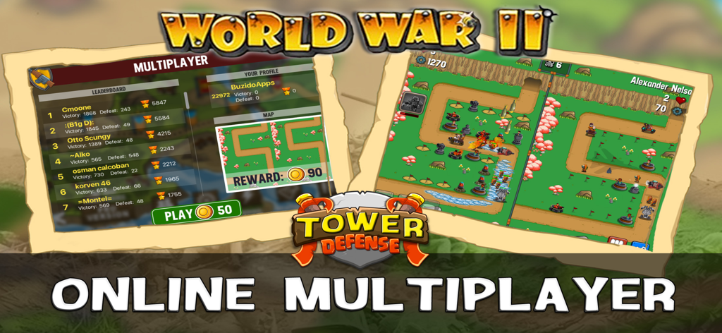 WWII Tower Defense - WWII Tower Defense online multiplayer mode showing the leaderboard and real-time strategy gameplay