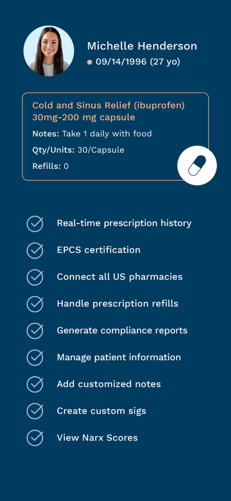 RXNT - RXNT app interface showing a patient prescription profile and medical practice management features