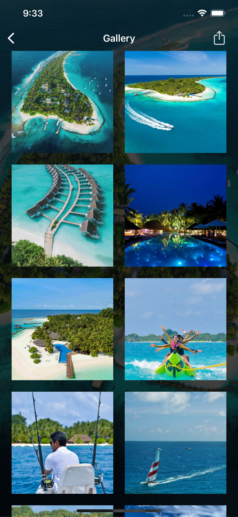 쿠라마티 몰디브 앱의 갤러리 화면 (리조트 빌라 공중 모습 및 휴가 활동 표시)