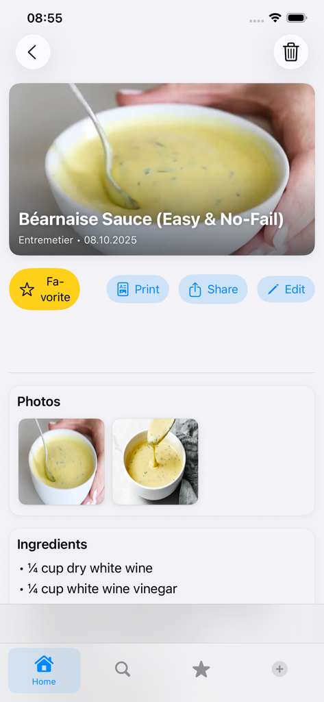 RecipeNotes – For Pro Chefs - Una tarjeta de receta digital para Salsa Bearnesa en la aplicación RecipeNotes mostrando ingredientes y fotos paso a paso.