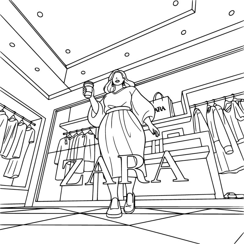 a curvy girl holding a cup of coffee at zara store.