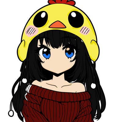 anime girl with chick shaped hat with sweater with bare shoulders with bangs covering them one eye with low tail