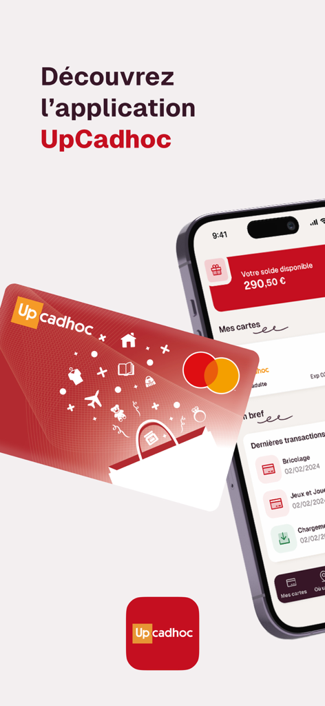 Overview of the UpCadhoc mobile app interface on a smartphone alongside the physical gift card