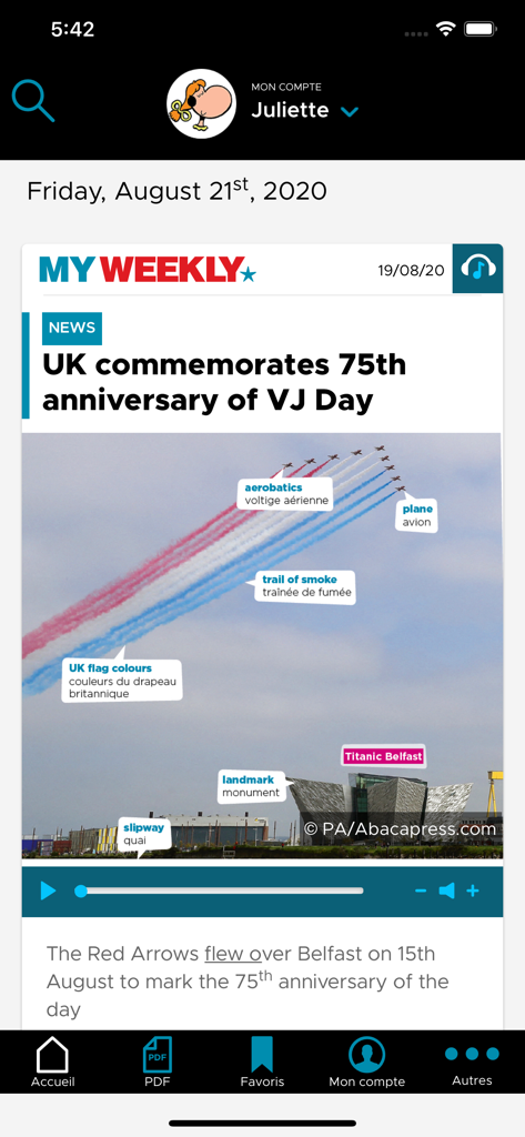 My Weekly App-Nachrichtenartikel mit englischen Vokabelanmerkungen und Audioplayer.