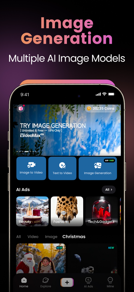 AI Video Generator-VideoMax - VideoMax app interface showing multiple AI image generation models and creative categories like Beauty and Fashion.