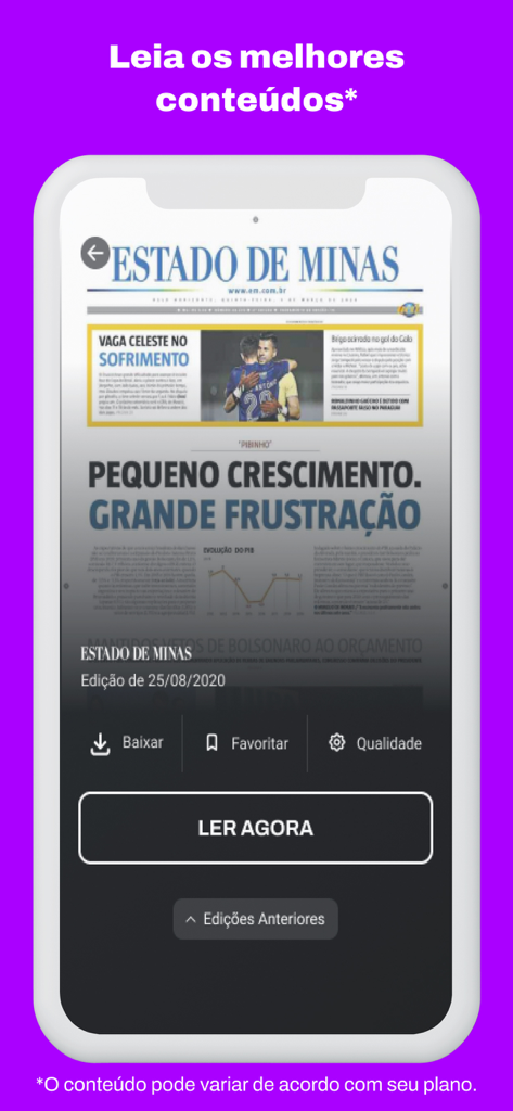 A screenshot of the Hube Jornais app displaying the front page of the Estado de Minas newspaper with options to download or read now.