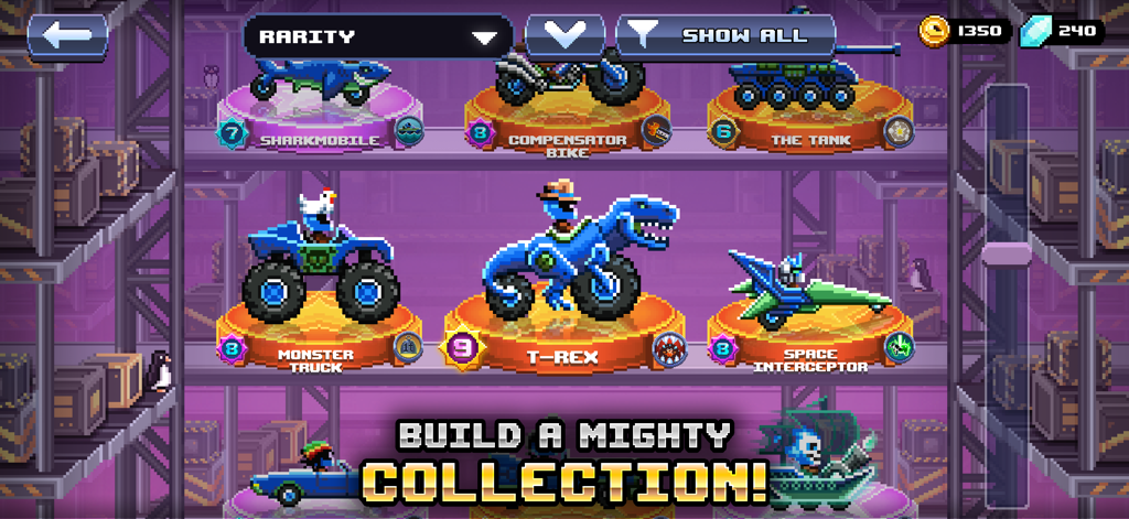 Drive Ahead! - Pixel Car Fight - Menu del garage in Drive Ahead che mostra una collezione di veicoli pixel art come un T-Rex e un monster truck