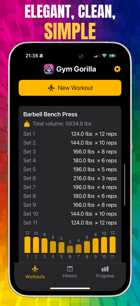 Gym Gorilla: Workout Tracker - Interfaz de la aplicación móvil Gym Gorilla que muestra las series de press de banca con barra y el seguimiento del volumen en una interfaz oscura y limpia.