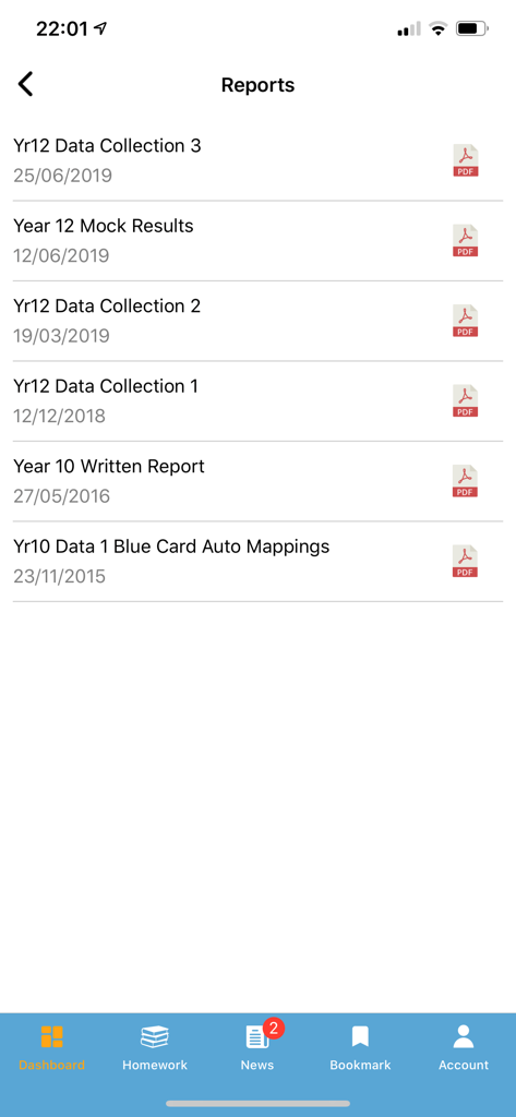 Bromcom Student App - A list of academic reports and mock exam results with PDF download icons in the Bromcom Student app.