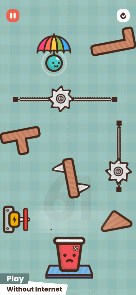 Frantic Fall - Gameplay of Frantic Fall showing a blue orb character with a rainbow umbrella falling through obstacles toward a red cup