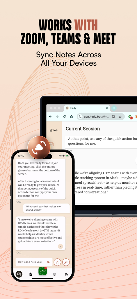 iPhoneとラップトップ上のHedy AIアプリのインターフェースで、リアルタイムの会議ノートと話題を示しています。