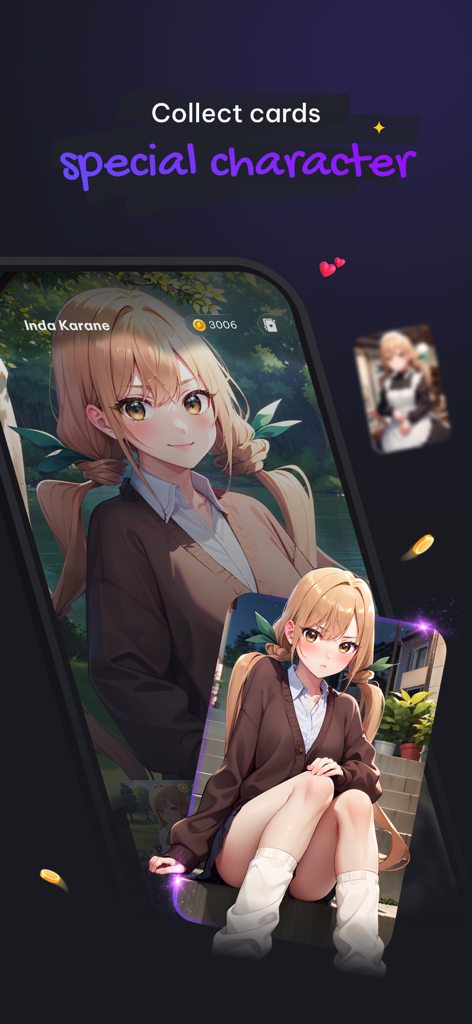 Lumi AI: Character AI Chat - Uma tela de celular mostrando o recurso do aplicativo Lumi AI para coletar cartas especiais de personagens de anime.