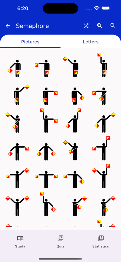 Nautical Flags Helper - A grid of stick figures demonstrating different maritime semaphore flag positions for educational study.