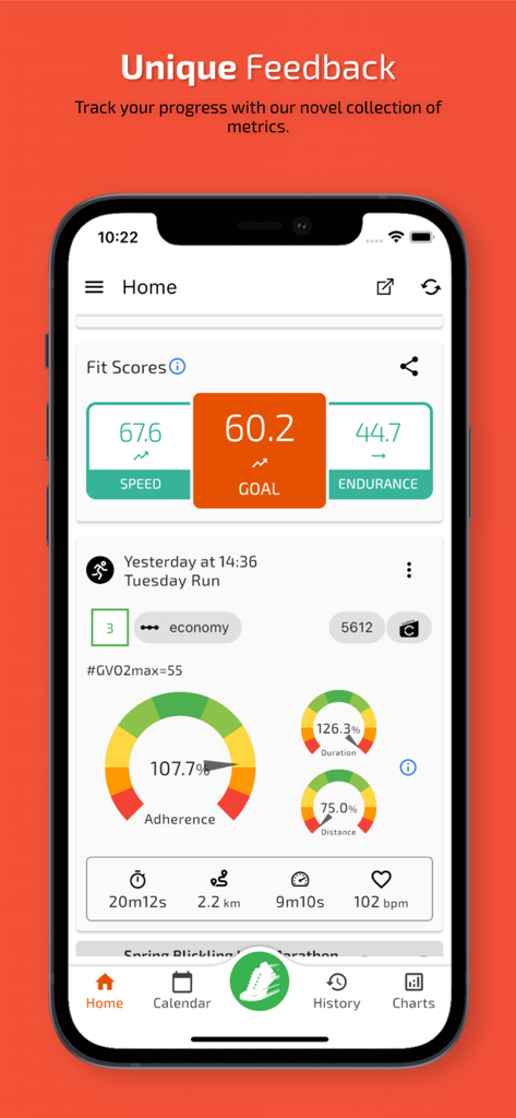 TrainAsONE- AI Running Plans - TrainAsONE app home screen displaying fit scores and running performance metrics